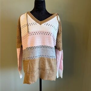 Striped V-Neck Sweater - Pink, White, Tan